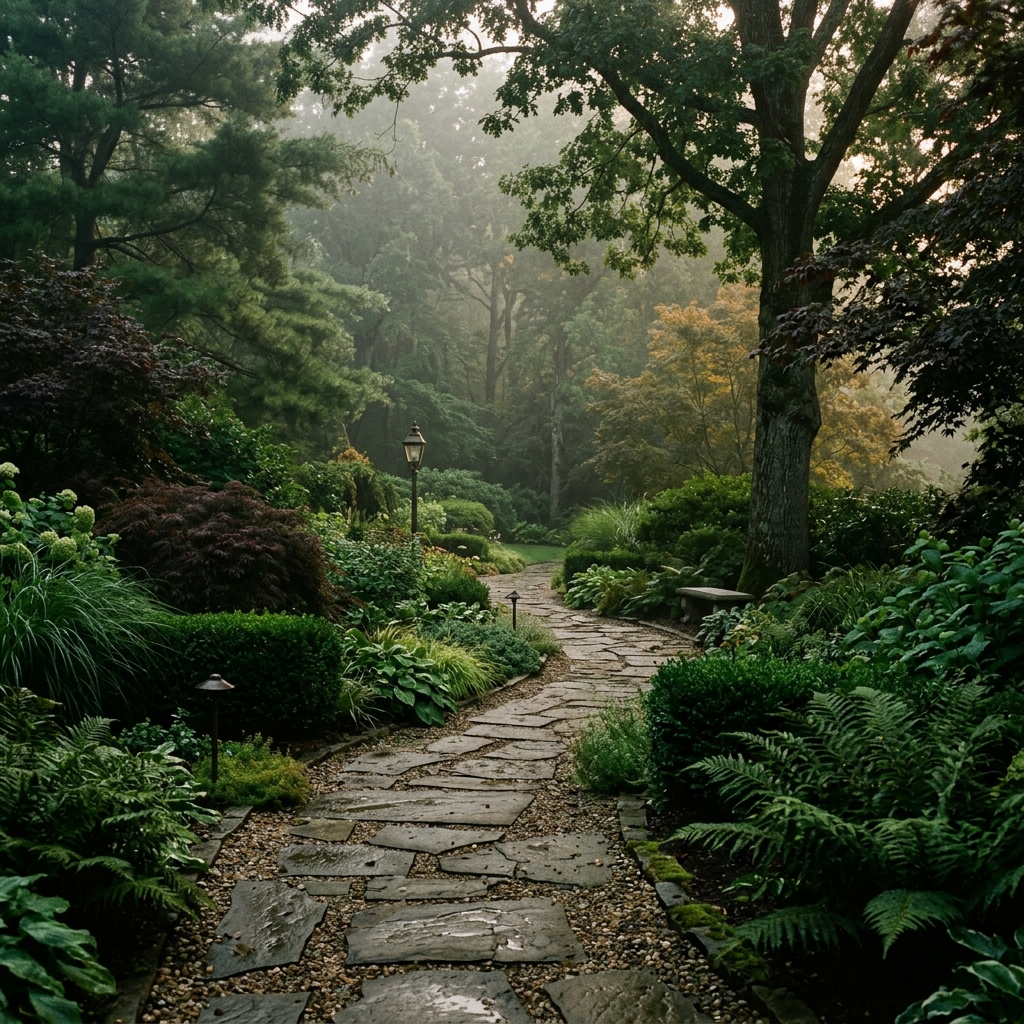 Moody garden path at dawn